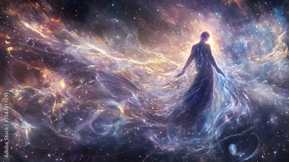 Wall mural electric tendrils flow from the figure into the universe connecting with the stars