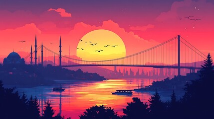 Obraz premium Minimalist depiction of Istanbul's Bosphorus, featuring silhouettes of the Blue Mosque and the Bosphorus Bridge at sunset, set against a pastel sky, simple shapes, clean lines, modern flat aesthetic,