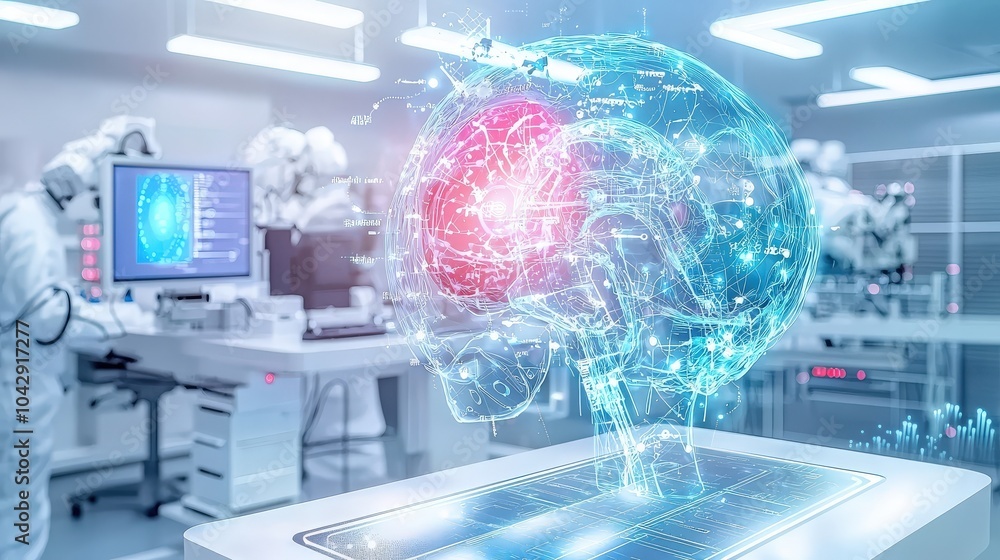 Poster a futuristic laboratory where scientists work on advanced ai and robotics. sleek machinery and holog