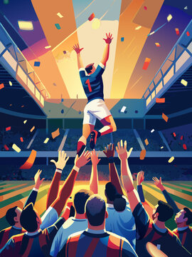Fototapeta Triumphant Soccer Player Celebrated by Teammates on Field After Victory