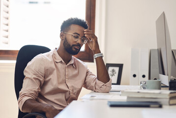 Frustrated businessman, computer and headache with stress for overworked, pressure or mistake at...