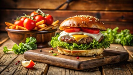 Indulgent Burger Delight with Egg and Cutlet Served on a Restaurant Table &acirc;&euro;&ldquo; Mouthwatering Gourmet Food Photography