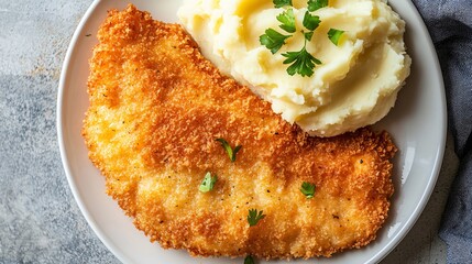 2410 123.A close-up top view of a breaded sea fish fillet, perfectly fried to a golden crisp,...