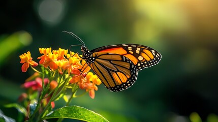 Monarch butterfly resting on vibrant orange flowers, soft sunlight background