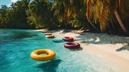 Obraz premium 2410 78.A tropical beach with clear, turquoise water and a variety of brightly colored tubes floating lazily near the shore, surrounded by soft white sand and tall palm trees swaying in the breeze.
