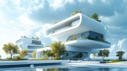 Futuristic architectural design with greenery and modern aesthetics.