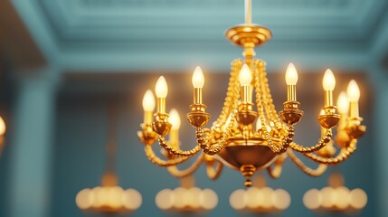 A luxurious gold chandelier hanging from an ornate ceiling, gold chandelier, opulent lighting