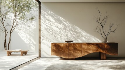 A refined wooden sideboard with smooth sliding doors, captured in a minimalist style against a bright white backdrop, perfect for elegant interiors.