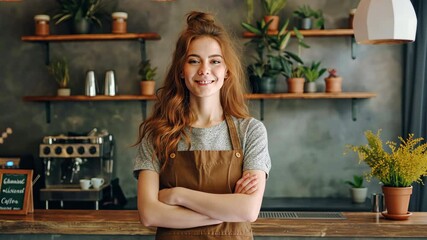 A smiling barista girl stands behind the bar counter ina coffee shop. Female bartender dressed in brown apron. Waiting for customers when a cafe opens in the morning.