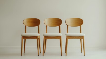 A set of modern wooden chairs with subtle upholstery, displayed against a pure white background, ideal for highlighting the beauty of craftsmanship.
