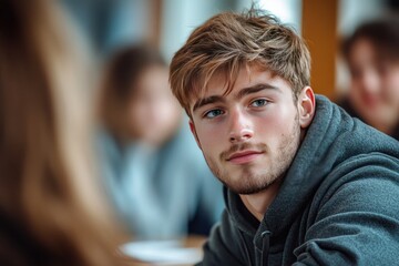 A young man with a beard looks at the camera. This photo can be used to illustrate articles about young adults or fashion.