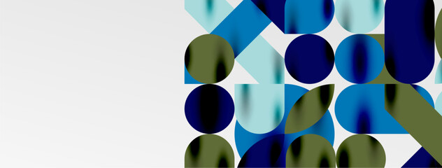 Mosaic geometric elements. Colorful circles, round geometric shapes and lines with shadow 3d effects. Simple forms abstract background for wallpaper, banner, template or landing