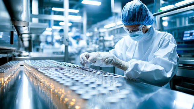Worker in medical vials on the production line in a pharmaceutical factory - A symbol of an efficient manufacturing process ensuring the safety and quality of pharmaceutical products.