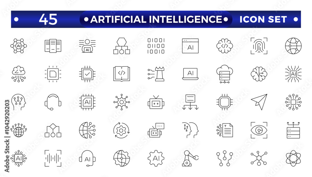 Fototapete Artificial intelligence set of outline web icons. AI technology icons for web and mobile app. Machine learning, digital AI technology, algorithm, smart robotic, cloud computing, AI Assistant.