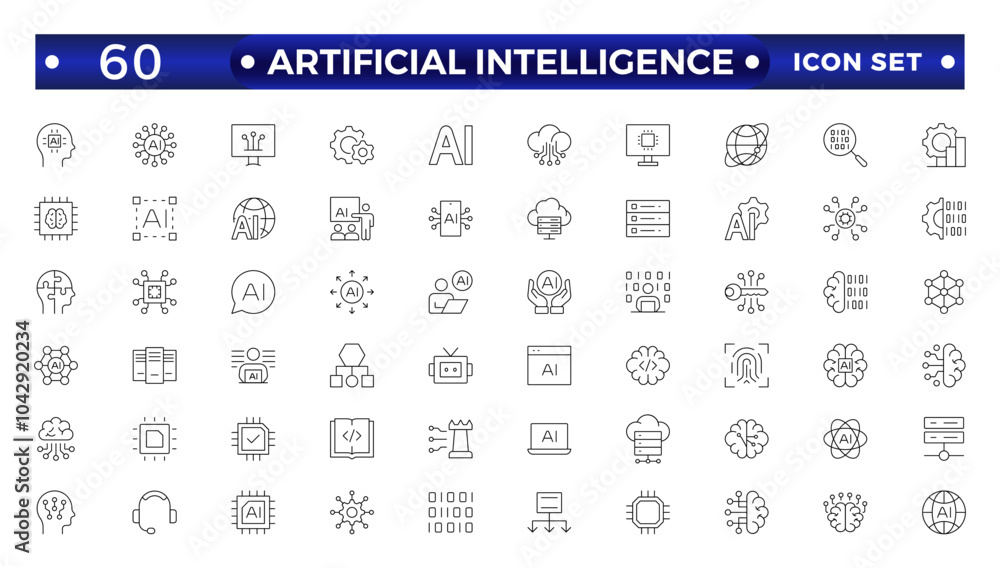 Fototapete Artificial intelligence set of outline web icons. AI technology icons for web and mobile app. Machine learning, digital AI technology, algorithm, smart robotic, cloud computing, AI Assistant.