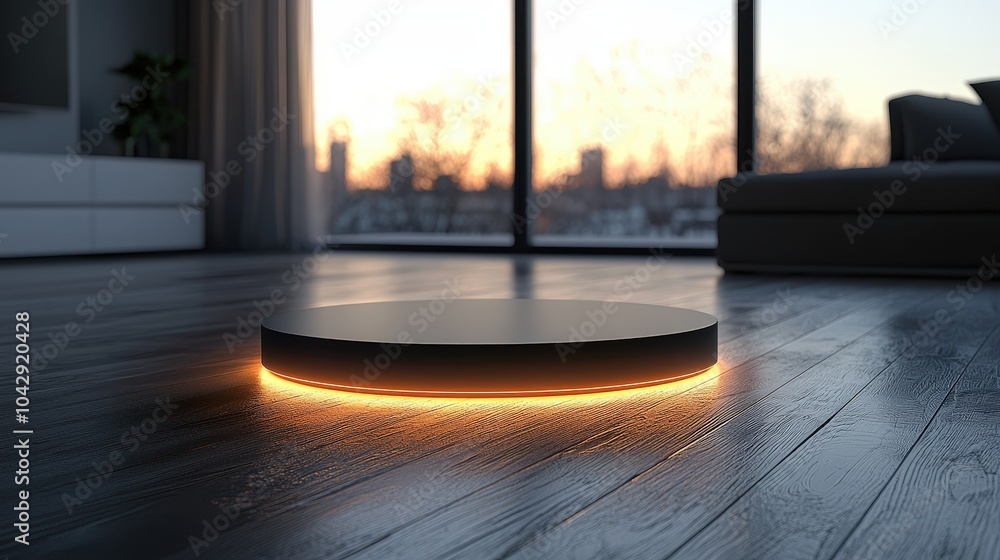 Poster a smart home hub device radiating a soft light on a sleek gray background, emphasizing its importanc