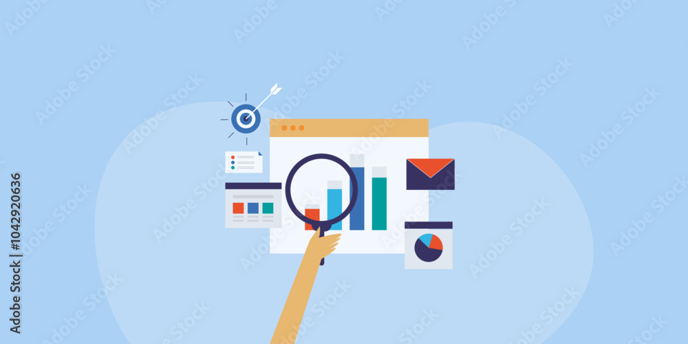 Poster analytics and performance tracking campaign report on web dashboard, vector illustration banner.