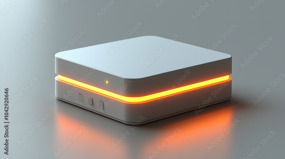 Poster a smart home hub device radiating soft light against a minimalist gray background, showcasing its im
