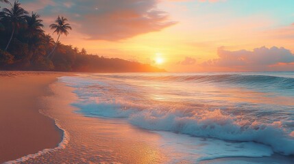 Fototapeta premium Serene beach at sunset with waves and palm trees.