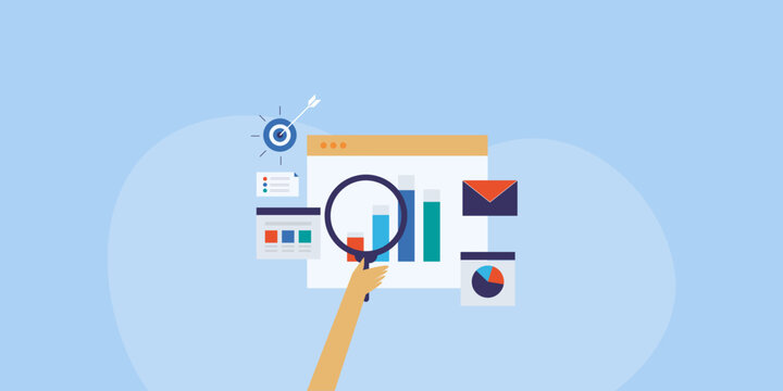 Analytics and performance tracking campaign report on web dashboard, vector illustration banner. 