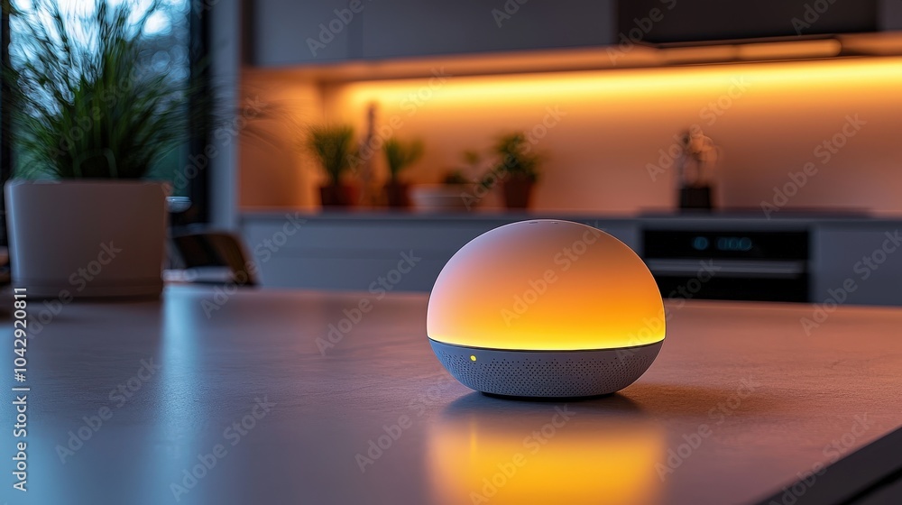 Poster a stylish smart home hub device illuminated softly against a muted gray background, showcasing its r