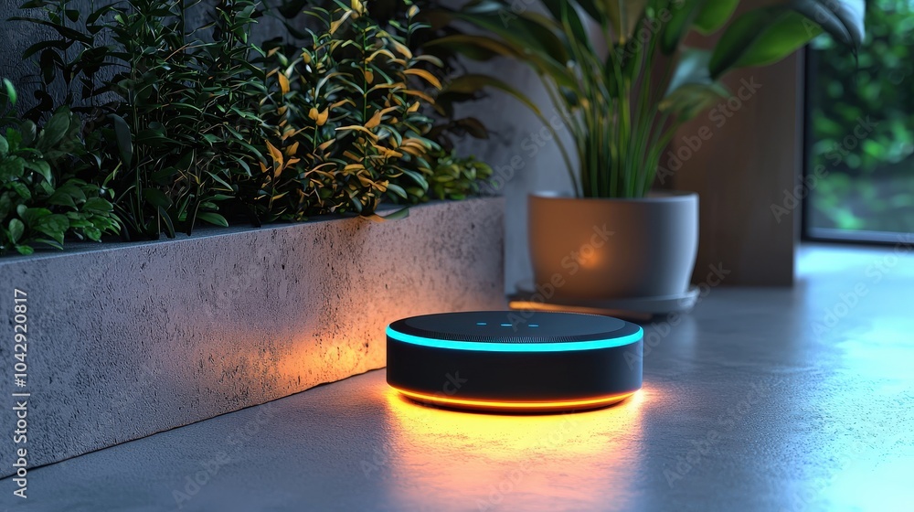 Poster a stylish smart home hub device illuminated softly against a muted gray background, showcasing its r