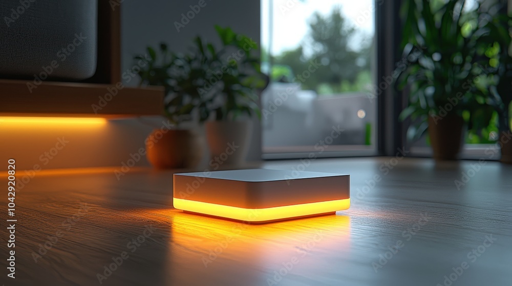 Poster a stylish smart home hub device with a soft glow on a minimalist gray background, symbolizing the in