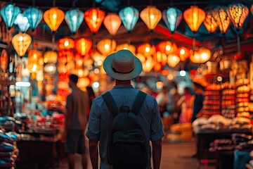 Obraz premium A man walks through a vibrant night market. This photo captures the energy of a bustling market with colorful lanterns, lights, and a sense of exploration.