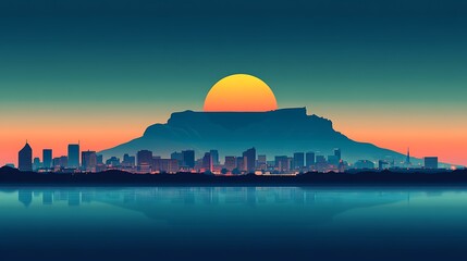 Obraz premium Minimalist flat illustration of Cape Town’s skyline with Table Mountain in silhouette, set against a soft oceanic gradient background, clean lines, simple shapes, muted colors, modern design,