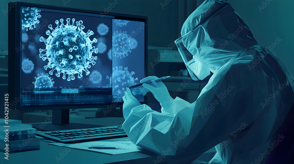 Poster scientist analyzing samples while illustrating a virus on a monitor -