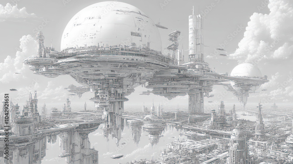Poster futuristic cityscape with floating structures and advanced technology.