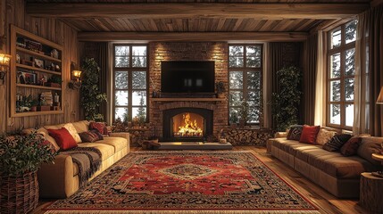 An elegant rustic living room with a warm brick fireplace and mounted TV, adorned with wooden furniture and cozy textiles for a welcoming environment.