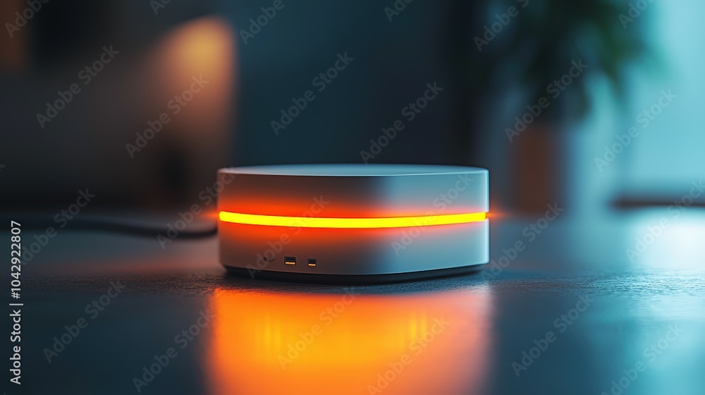 Aufkleber close-up shot of a glowing smart home hub device on a gray background, emphasizing its role in conne