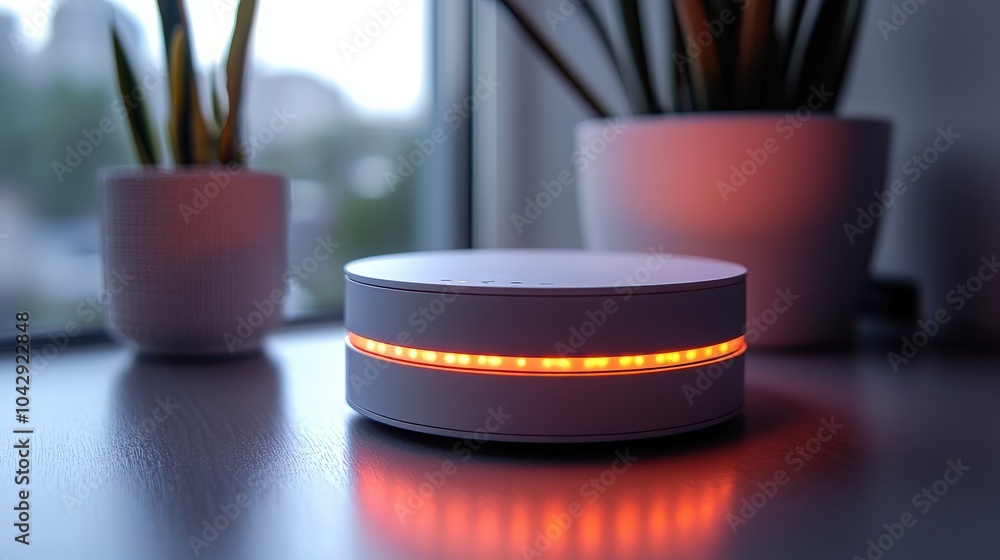 Poster close-up shot of a glowing smart home hub device on a gray background, emphasizing its role in conne