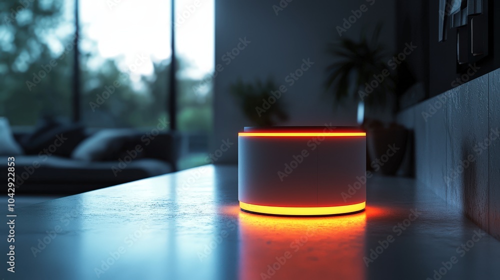 Poster close-up shot of a glowing smart home hub device on a gray background, emphasizing its role in conne