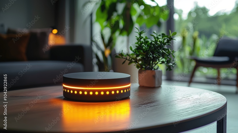 Poster close-up shot of a glowing smart home hub device on a gray background, emphasizing its role in conne