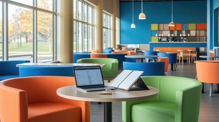 A modern caf? interior with colorful seating and a workspace setup.