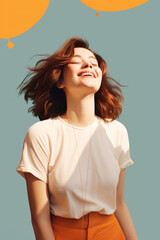 Fototapeta premium The image shows a girl with a bright smile and her eyes closed, joyfully facing the sun as she basks in its warm rays.