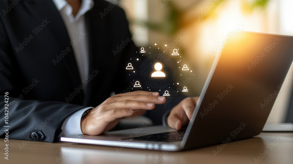 Poster businessman using laptop with virtual network of people icons displayed. scene conveys sense of conn