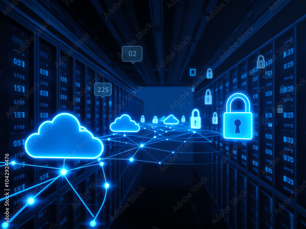 Poster cloud computing concept featuring cloud icons and a padlock, symbolizing security and data protectio