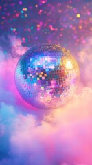Obraz premium A shimmering disco ball hovers against a vibrant backdrop of pink and purple clouds, creating a surreal, dreamy atmosphere.
