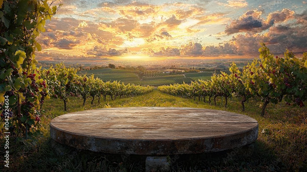 Aufkleber the rustic podium stands elegantly in a tranquil vineyard, with rows of ripe grapevines basking in t