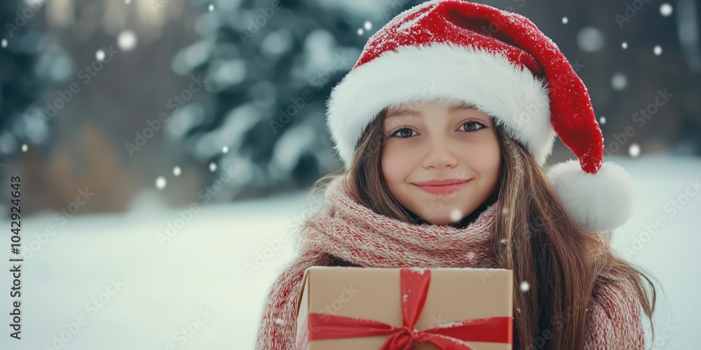 Poster A young girl wearing a red and white hat and a red and white scarf is holding a brown box with a red ribbon