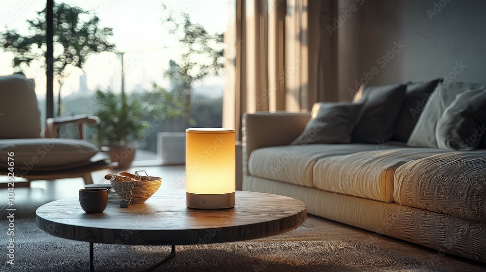 Poster the smart home hub device emits a soft, inviting glow against a soft gray background, highlighting i