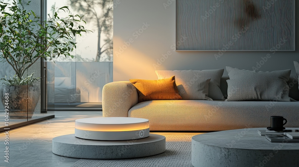 Poster the smart home hub device emits a soft, inviting glow against a soft gray background, highlighting i