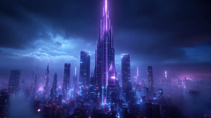 Fototapeta premium A stunning futuristic skyscraper crafted from polished metal, reflecting the vibrant city skyline.