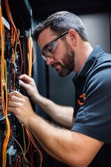 IT technician working on server wiring connections