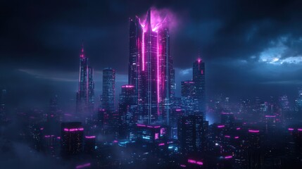 Fototapeta premium A stunning futuristic skyscraper crafted from polished metal, reflecting the vibrant city skyline.