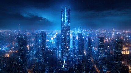 A stunning futuristic skyscraper crafted from polished metal, reflecting the vibrant city skyline.