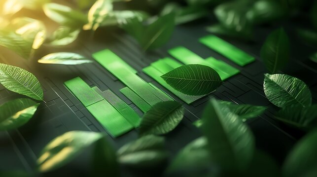 48 Financial document with green bar charts, fresh leaves scattered on the page, environmental theme, 3D illustration